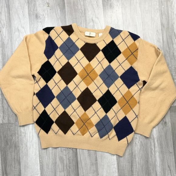 Harry Vardon 100% Wool Argyle Tan Blue Sweater Crewneck Golf Size Large - Picture 1 of 8